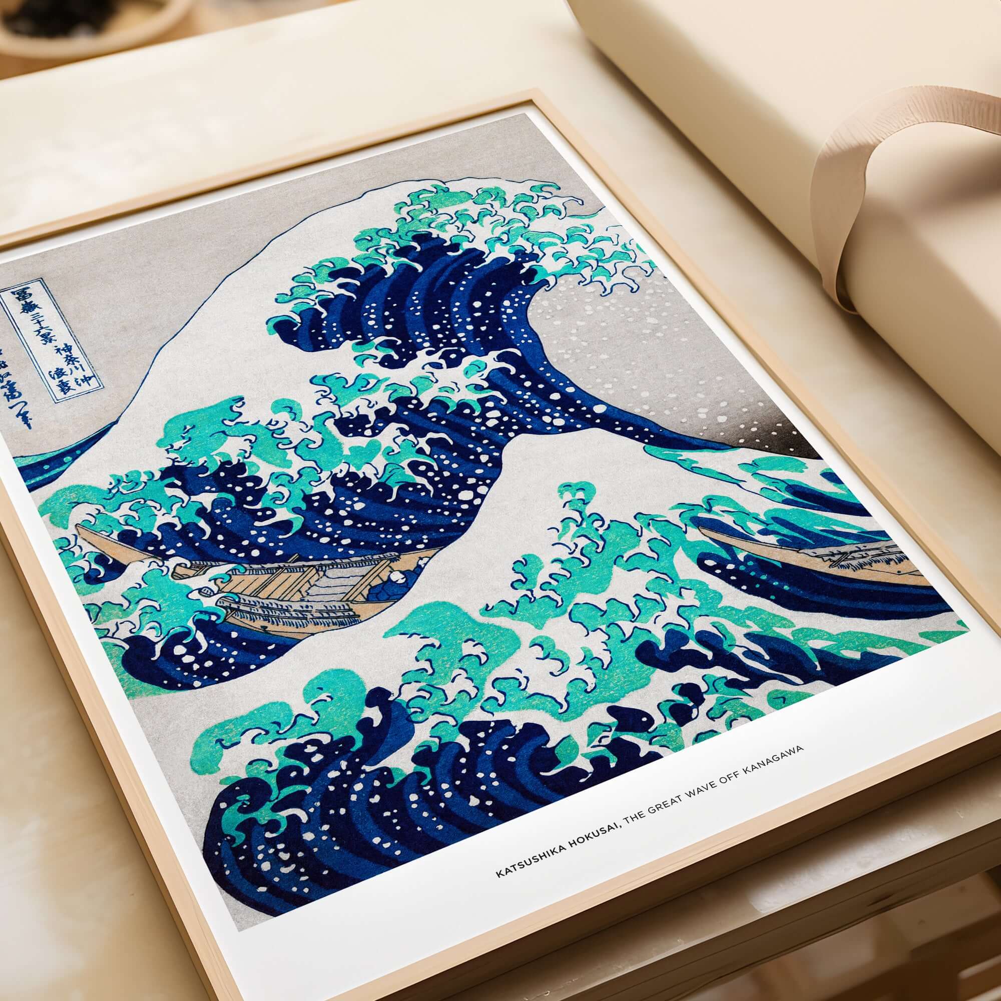 Exhibition Art Print Hokusai The Great Wave off Kanagawa Japanese Ukiyo-e Poster displayed in a framed setting.