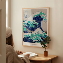 Exhibition Art Print Hokusai The Great Wave off Kanagawa Japanese Ukiyo-e Poster displayed in a cozy interior setting.