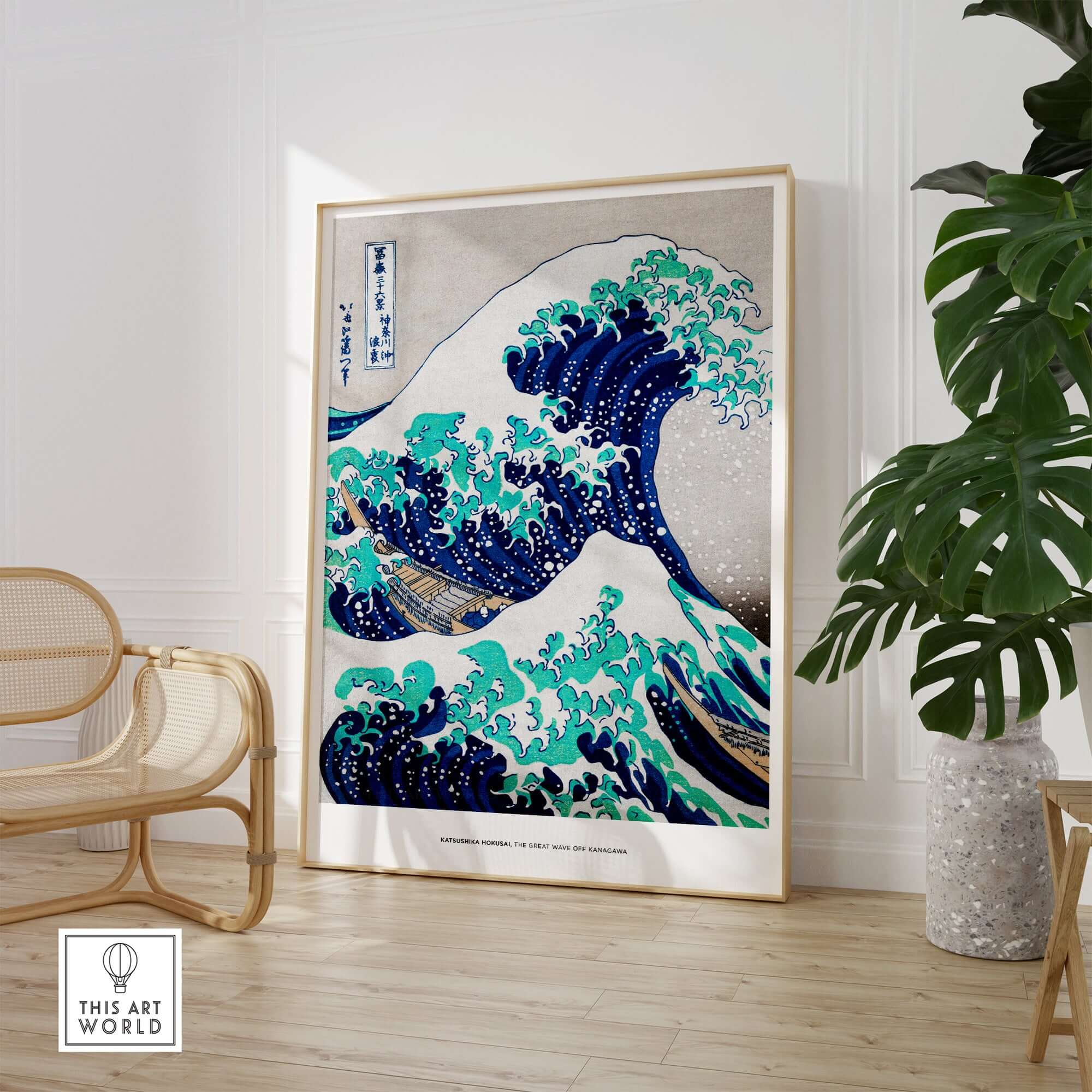 Exhibition Art Print Hokusai The Great Wave off Kanagawa Japanese Ukiyo-e Poster displayed in a modern interior setting.