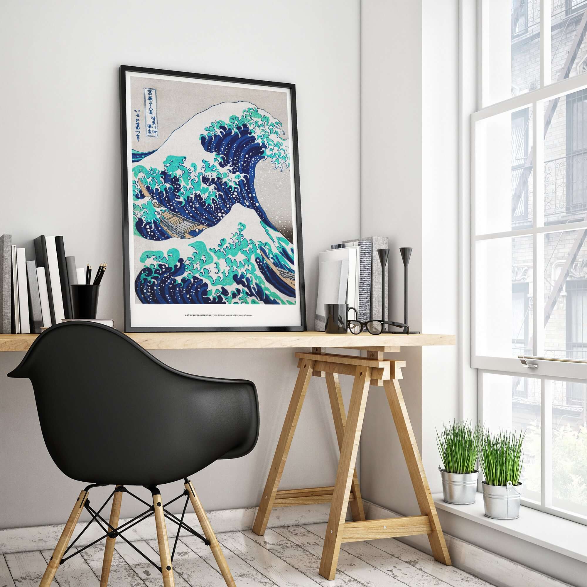 Exhibition Art Print Hokusai The Great Wave off Kanagawa Japanese Ukiyo-e Poster displayed in a modern workspace.