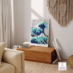Exhibition Art Print Hokusai The Great Wave off Kanagawa Japanese Ukiyo-e Poster displayed in a stylish living room.