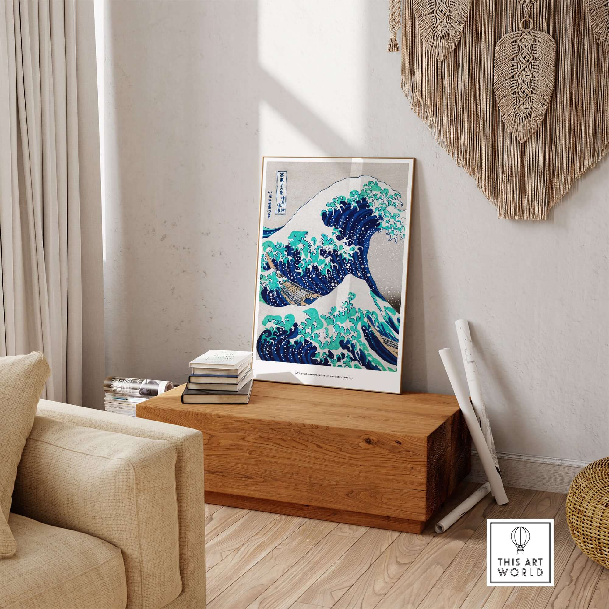 Exhibition Art Print Hokusai The Great Wave off Kanagawa Japanese Ukiyo-e Poster displayed in a stylish living room.