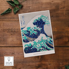 Exhibition Art Print Hokusai The Great Wave off Kanagawa Japanese Ukiyo-e Poster on wooden surface.