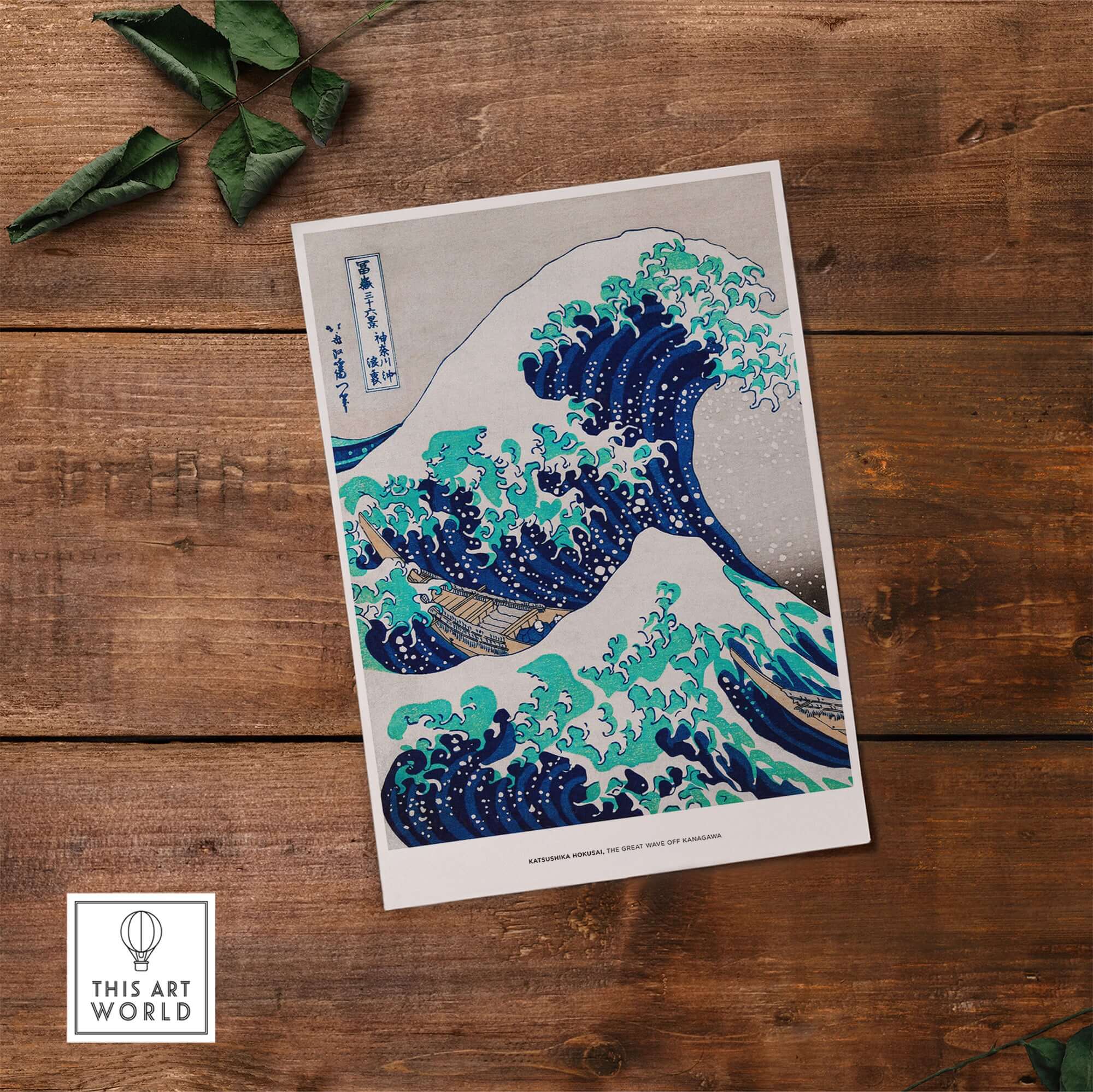 Exhibition Art Print Hokusai The Great Wave off Kanagawa Japanese Ukiyo-e Poster on wooden surface.