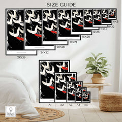 Exhibition Art Print Myriad of Flying Cranes Japanese Bird Pattern Poster Wall Art size guide showcasing dimensions.