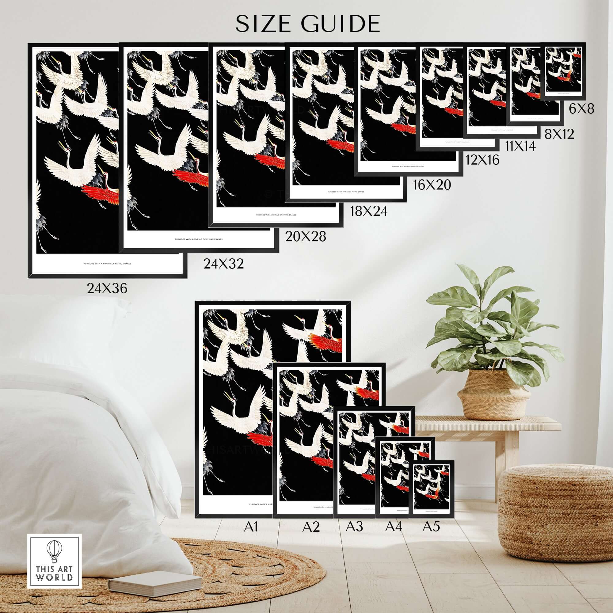 Exhibition Art Print Myriad of Flying Cranes Japanese Bird Pattern Poster Wall Art size guide showcasing dimensions.