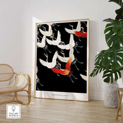 Exhibition Art Print Myriad of Flying Cranes Japanese Bird Pattern Poster Wall Art displayed in a modern interior.