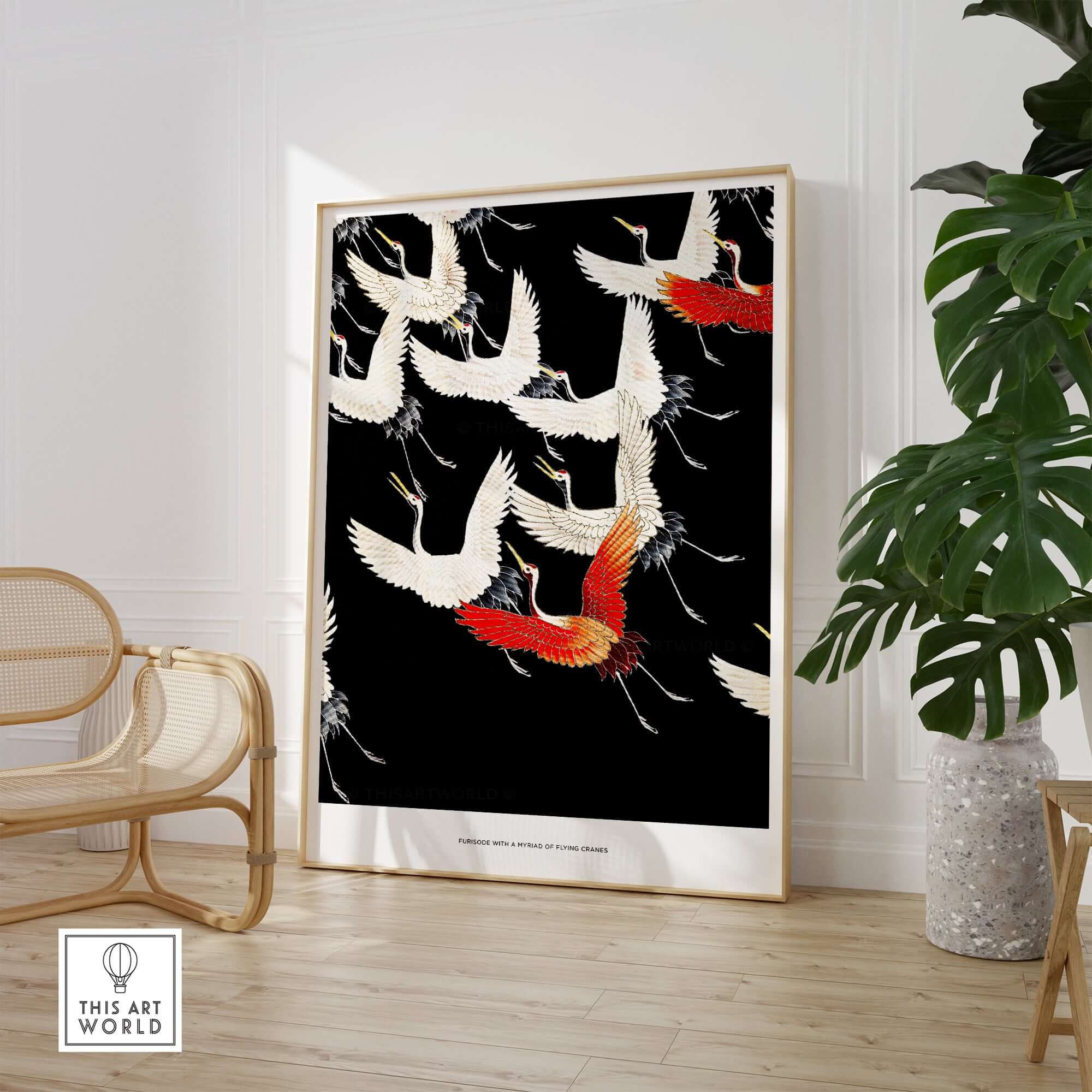 Exhibition Art Print Myriad of Flying Cranes Japanese Bird Pattern Poster Wall Art displayed in a modern interior.