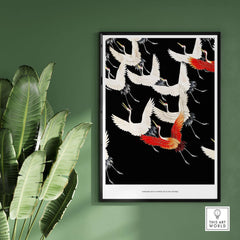 Exhibition Art Print Myriad of Flying Cranes Japanese Bird Pattern Poster Wall Art showcasing cranes in flight on a black background.