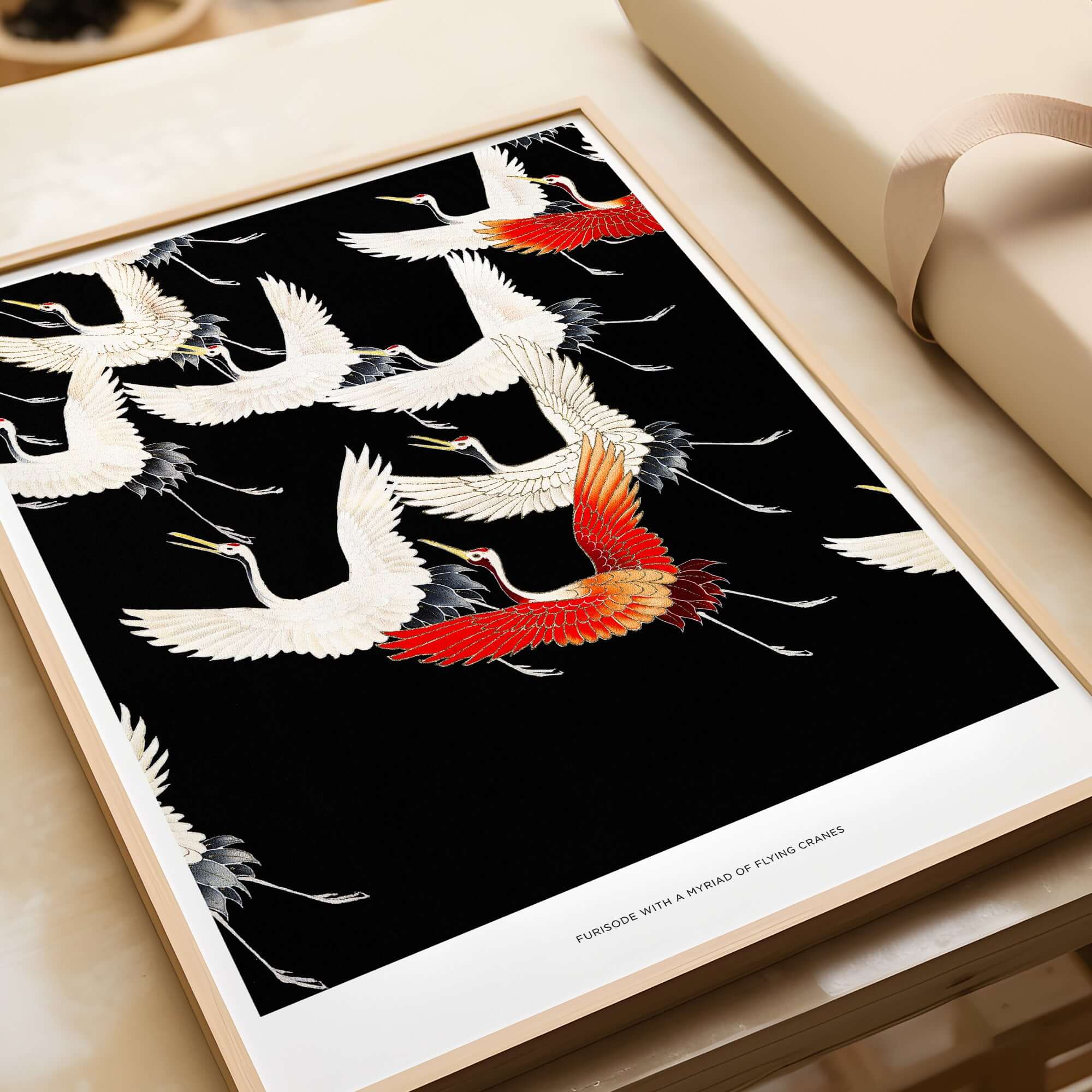 Exhibition Art Print Myriad of Flying Cranes Japanese Bird Pattern Poster Wall Art featuring a dynamic crane design on a black background.