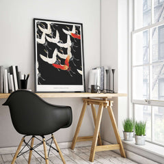 Exhibition Art Print Myriad of Flying Cranes Japanese Bird Pattern Poster Wall Art displayed in a modern room with a desk.