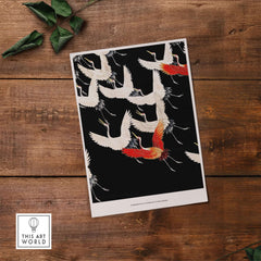 Exhibition Art Print Myriad of Flying Cranes Japanese Bird Pattern Poster Wall Art featuring cranes on a black background.