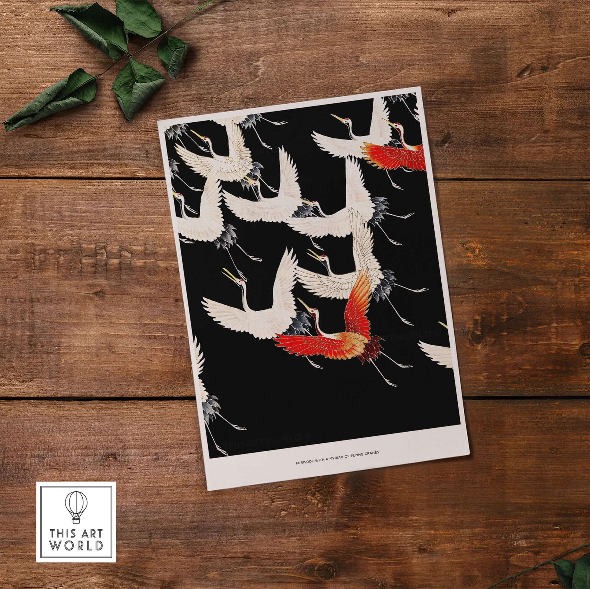 Exhibition Art Print Myriad of Flying Cranes Japanese Bird Pattern Poster Wall Art featuring cranes on a black background.