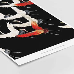 Exhibition Art Print Myriad of Flying Cranes Japanese Bird Pattern Poster Wall Art featuring vivid cranes on black.