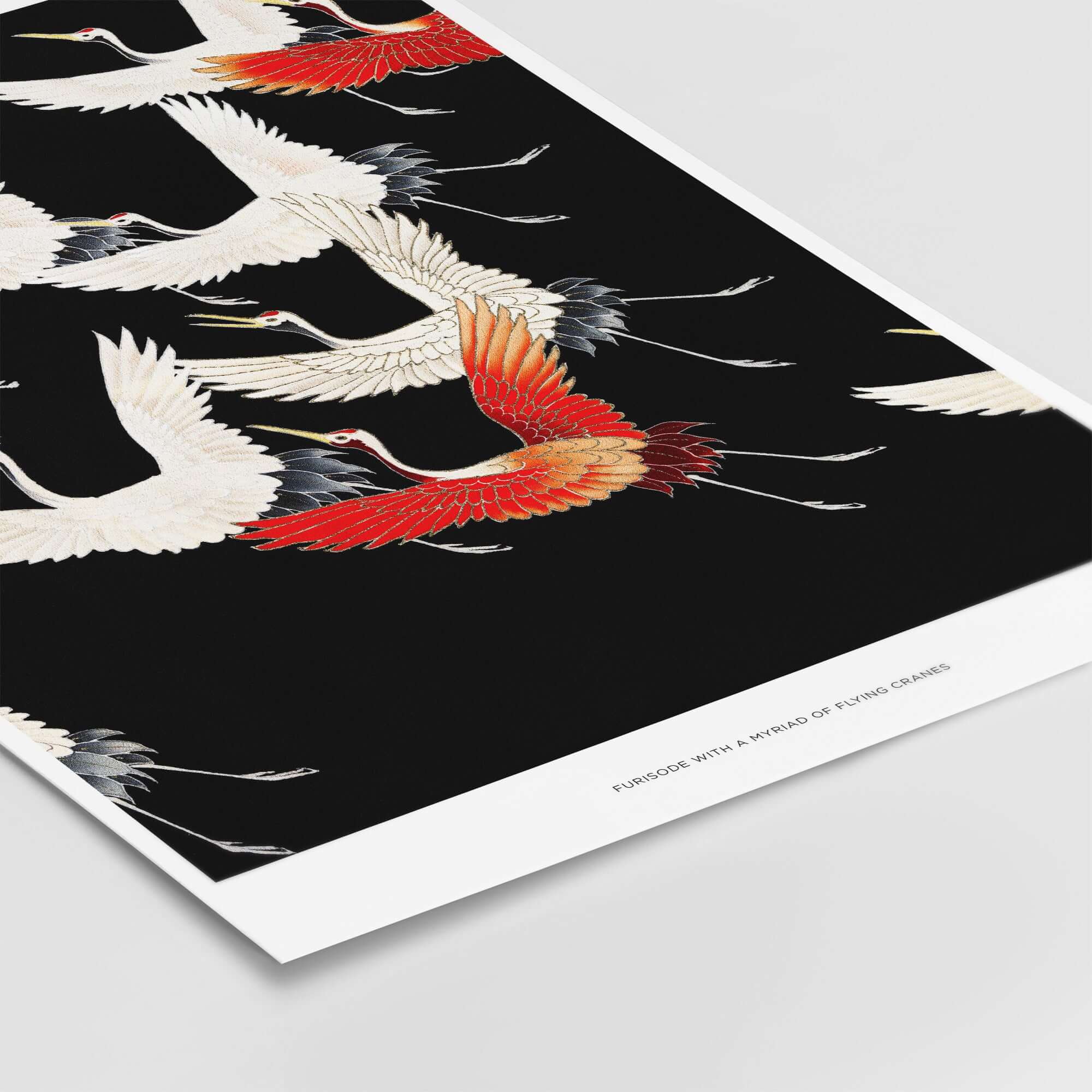 Exhibition Art Print Myriad of Flying Cranes Japanese Bird Pattern Poster Wall Art featuring vivid cranes on black.