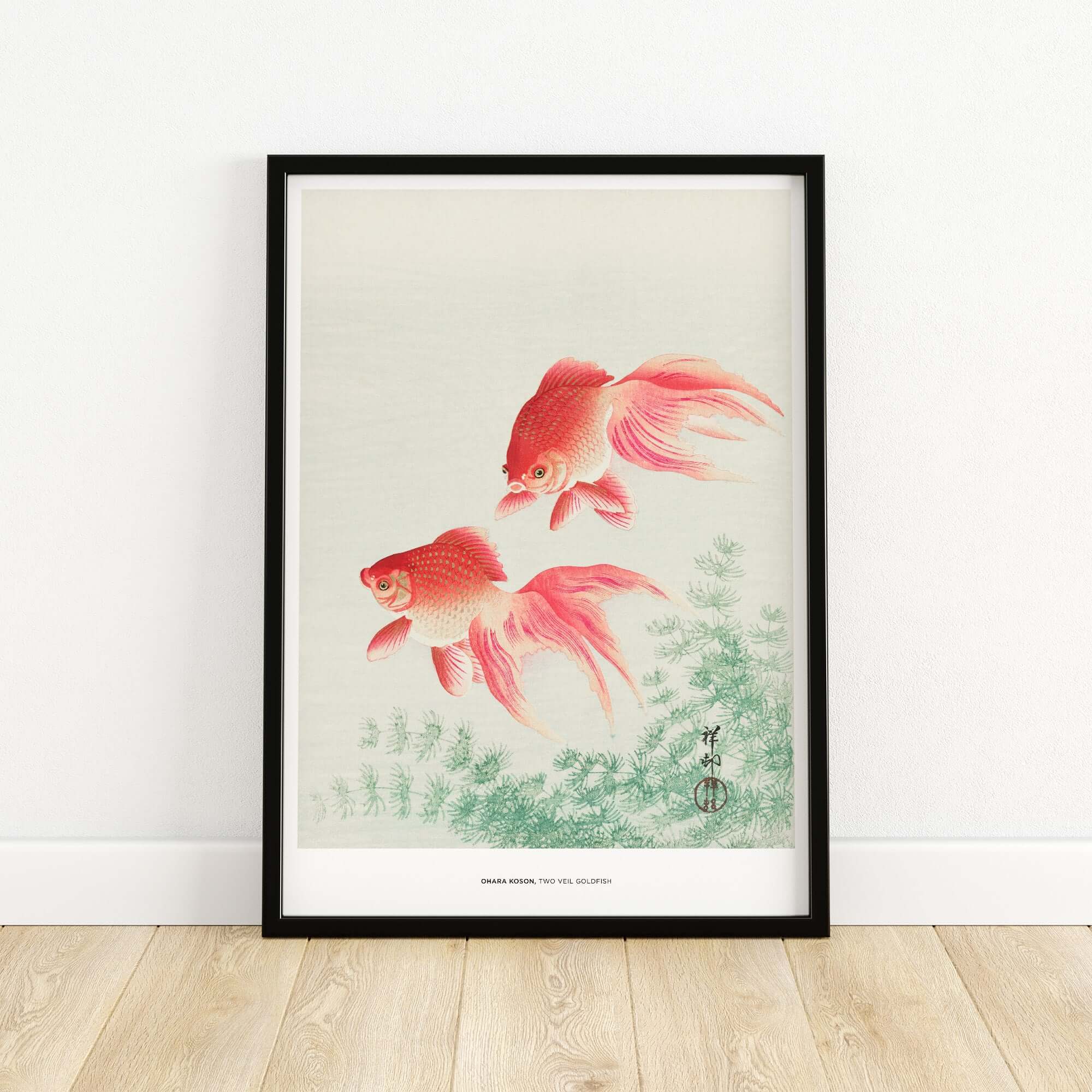 Exhibition Art Print Ohara Koson Two Veil Goldfish Japanese Fish Poster framed wall art featuring two goldfish swimming gracefully.