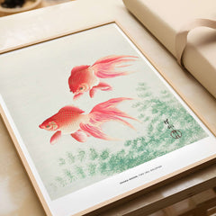 Exhibition Art Print Ohara Koson Two Veil Goldfish Japanese Fish Poster featuring two goldfish swimming gracefully.