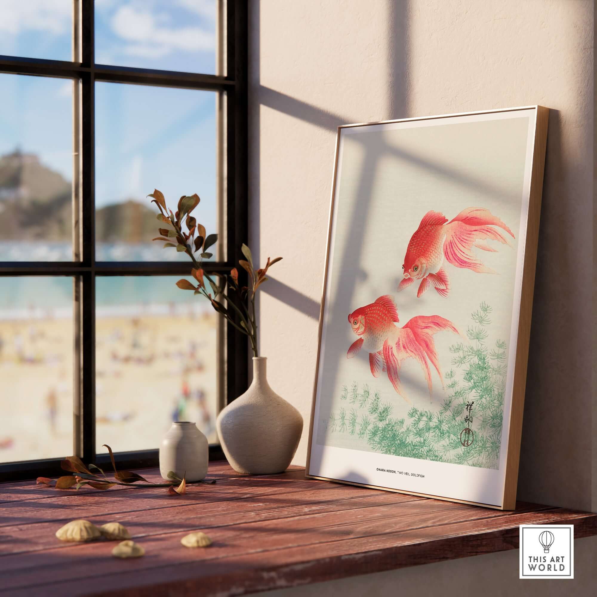 Exhibition Art Print Ohara Koson Two Veil Goldfish Japanese Fish Poster displayed near a window with beach view.
