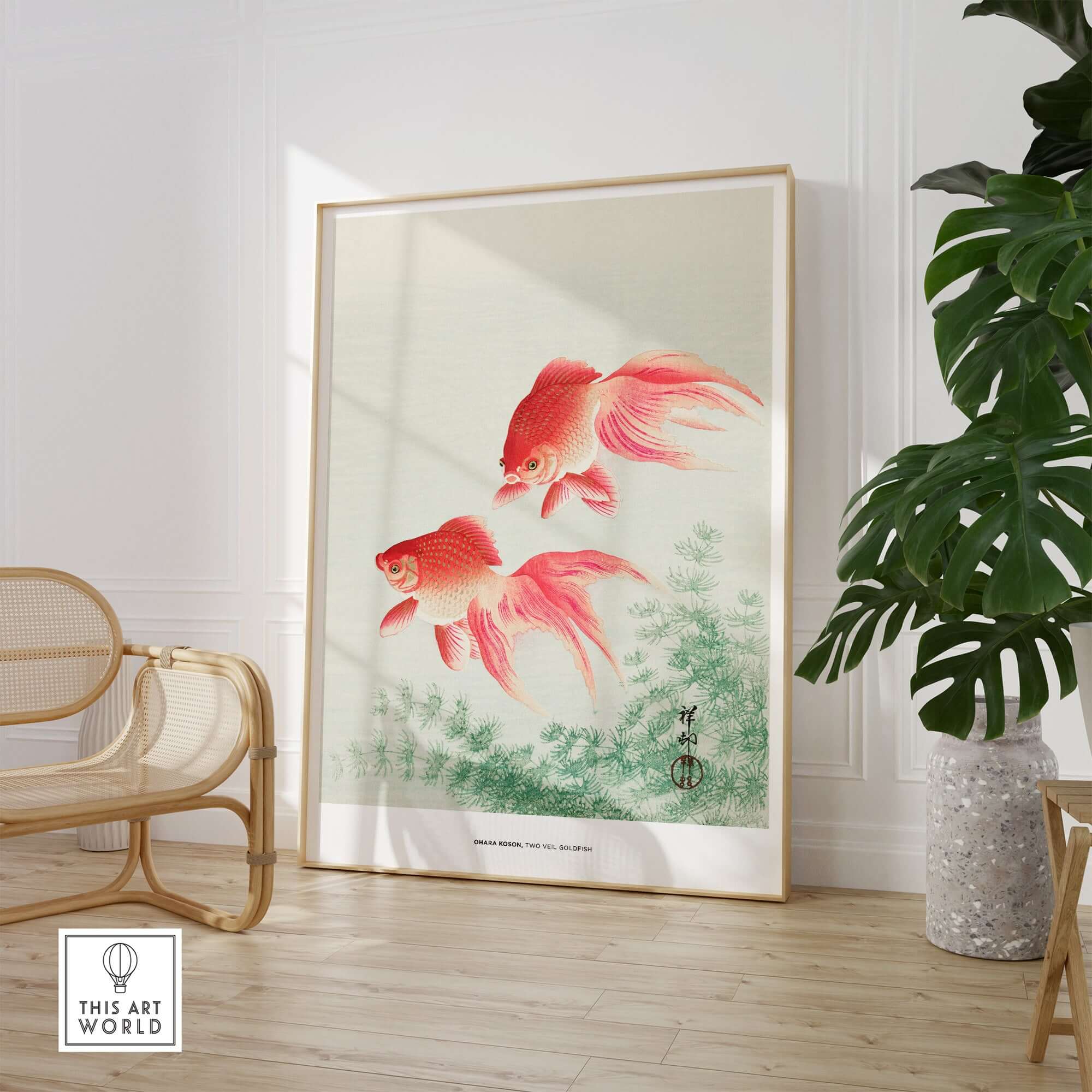 Exhibition Art Print Ohara Koson Two Veil Goldfish Japanese Fish Poster featuring two goldfish swimming gracefully.