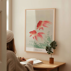 Exhibition Art Print Ohara Koson Two Veil Goldfish Japanese Fish Poster featuring two swimming goldfish in a serene setting.