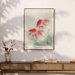 Exhibition Art Print Ohara Koson Two Veil Goldfish Japanese Fish Poster displayed in a stylish home setting.