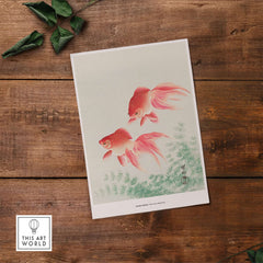 Exhibition Art Print Ohara Koson Two Veil Goldfish Japanese Fish Poster featuring two graceful goldfish swimming.