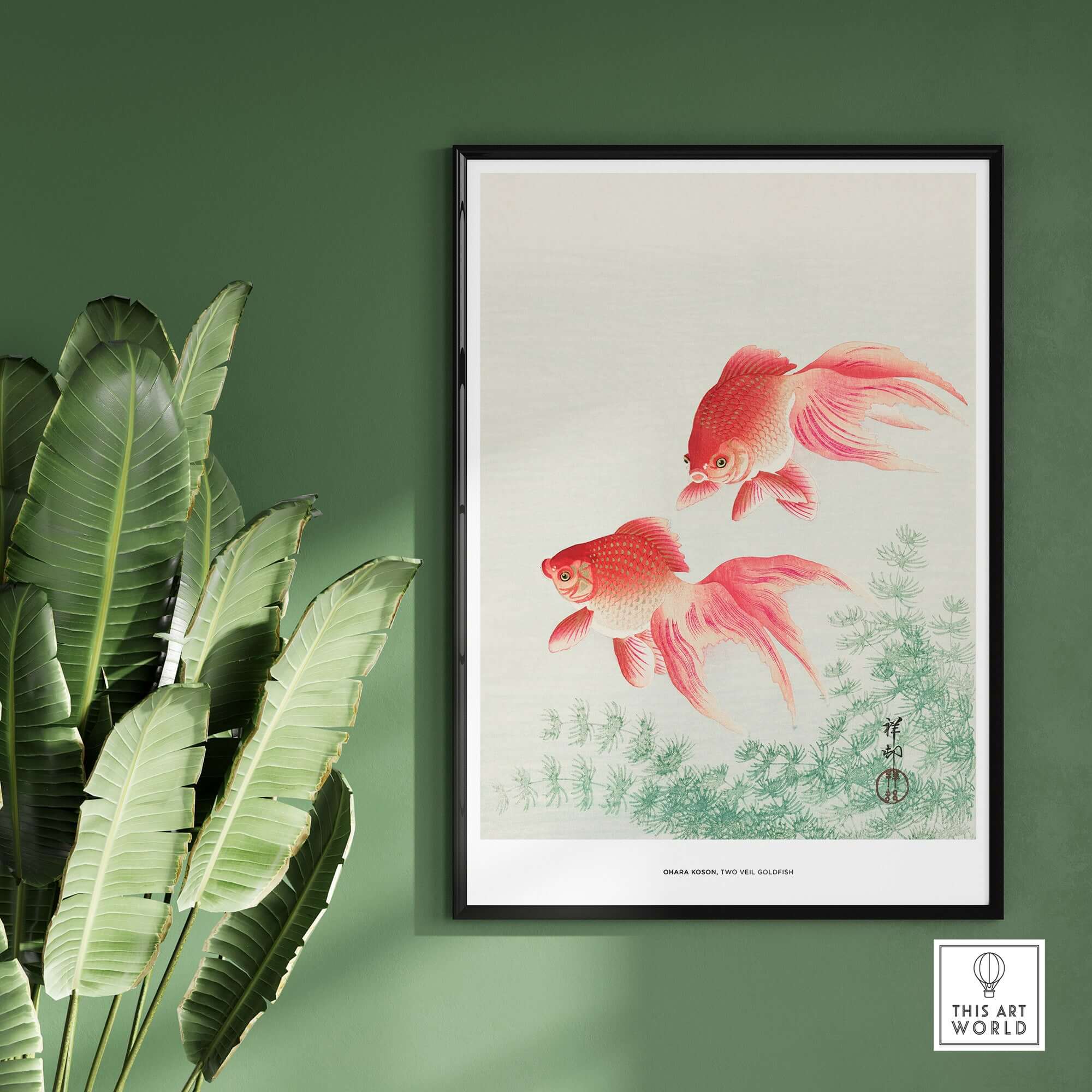 Exhibition Art Print Ohara Koson Two Veil Goldfish Japanese Fish Poster featuring two goldfish swimming elegantly.
