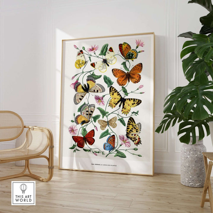 Vintage botanical art print by Paul Servais featuring colorful butterflies and flowers in an elegant home setting.