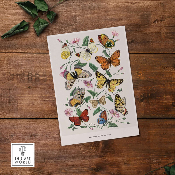 Vintage botanical art print of colorful butterflies among flowers by Paul Servais, Le Jardin des Plantes decoration.