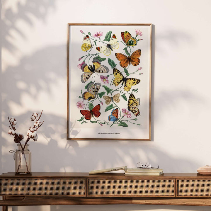 Vintage botanical art print by Paul Servais featuring colorful butterflies and pink flowers on a stylish wall.
