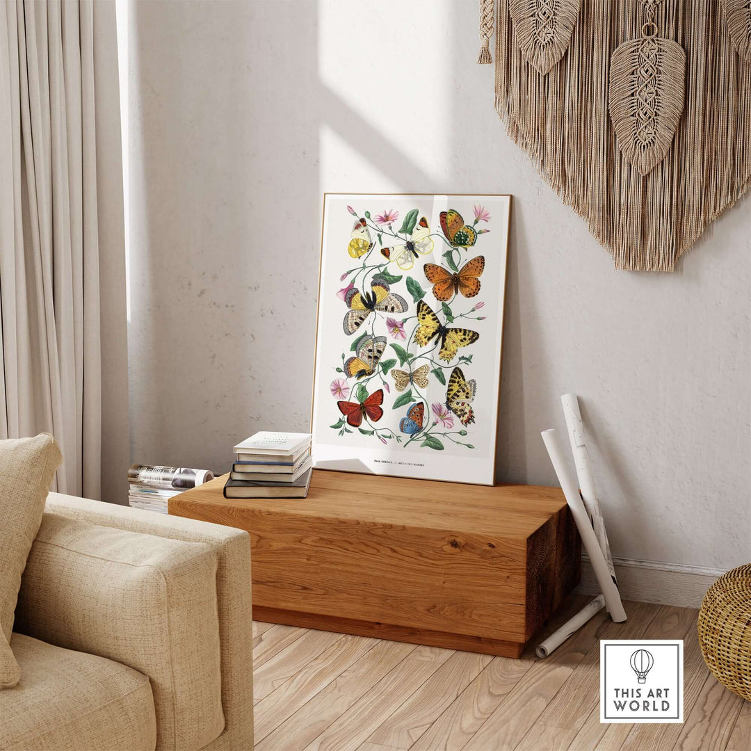 Vintage botanical art print of butterflies by Paul Servais in a stylish living room setting.