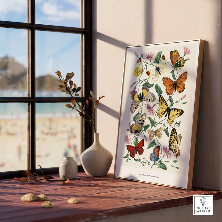 Vintage botanical art print by Paul Servais featuring colorful butterflies and flowers, displayed on a sunny windowsill.