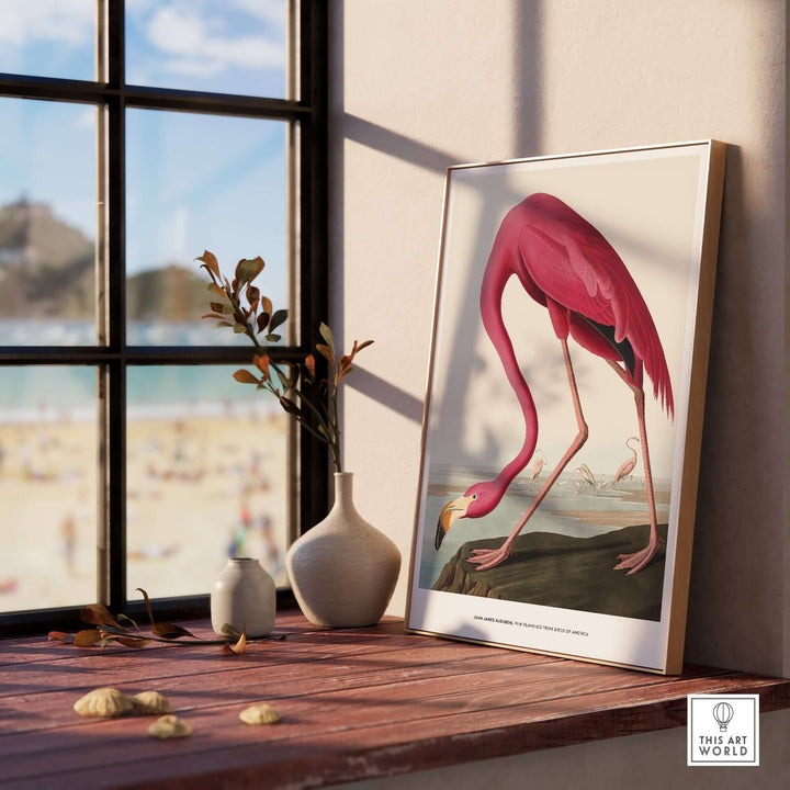 Exhibition art print of a pink flamingo by John James Audubon displayed in a bright interior setting.