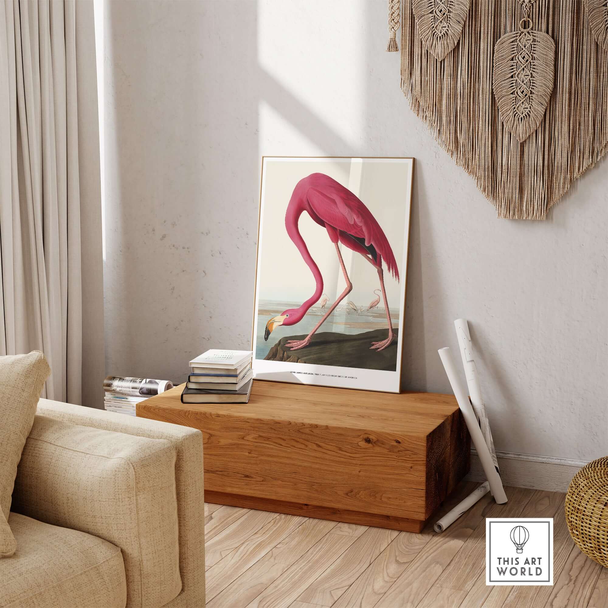 Exhibition Art Print Pink Flamingo Birds of America Vintage Bird Poster - John James Audubon displayed in a stylish living room.