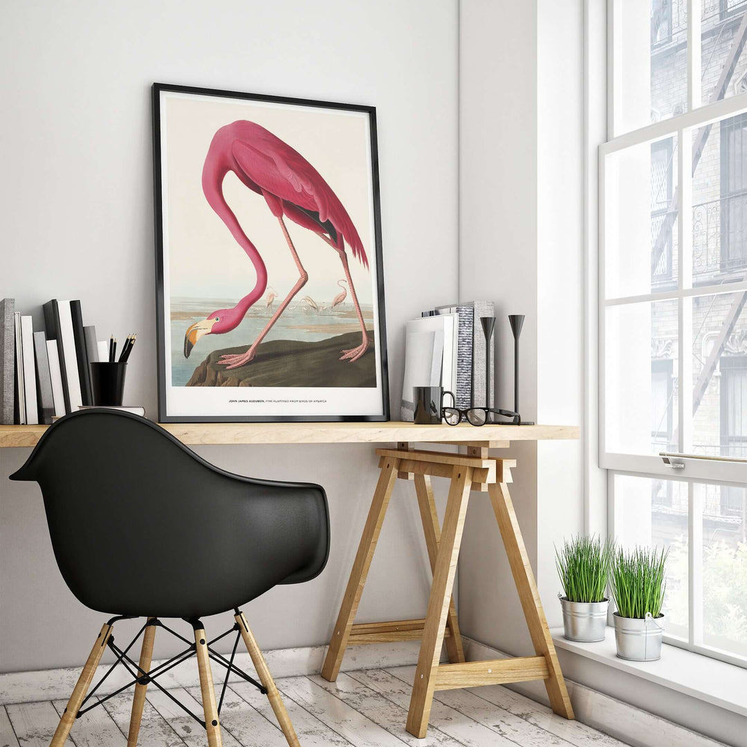 Vintage Pink Flamingo art print by John James Audubon in a modern workspace setting.