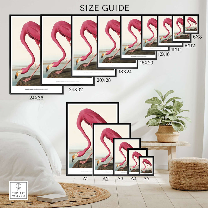 Size guide for Pink Flamingo art prints featuring dimensions and various frame options.