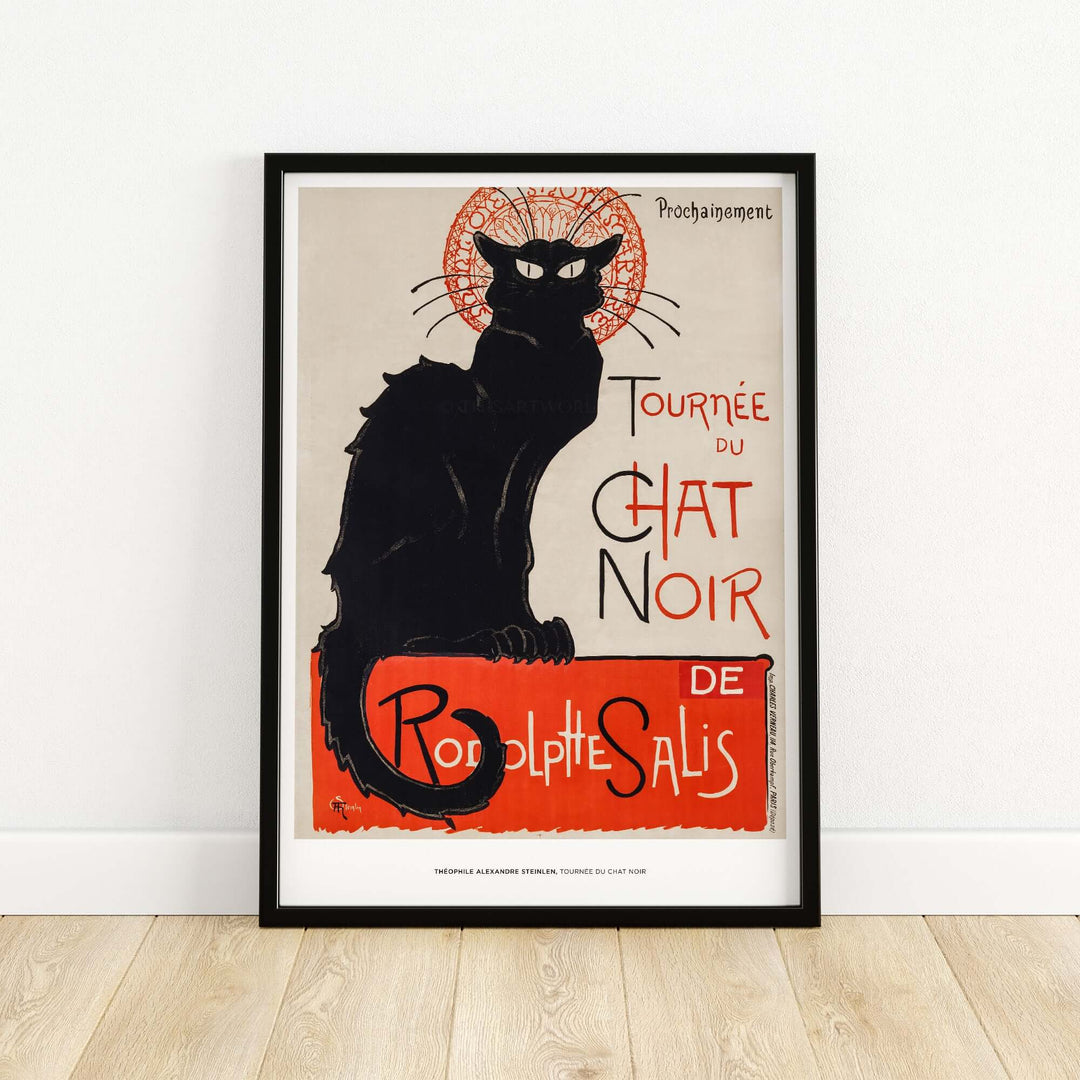 Vintage French art print 'Tournée du Chat Noir' featuring a black cat, by Steinlen, perfect for Parisian decor.