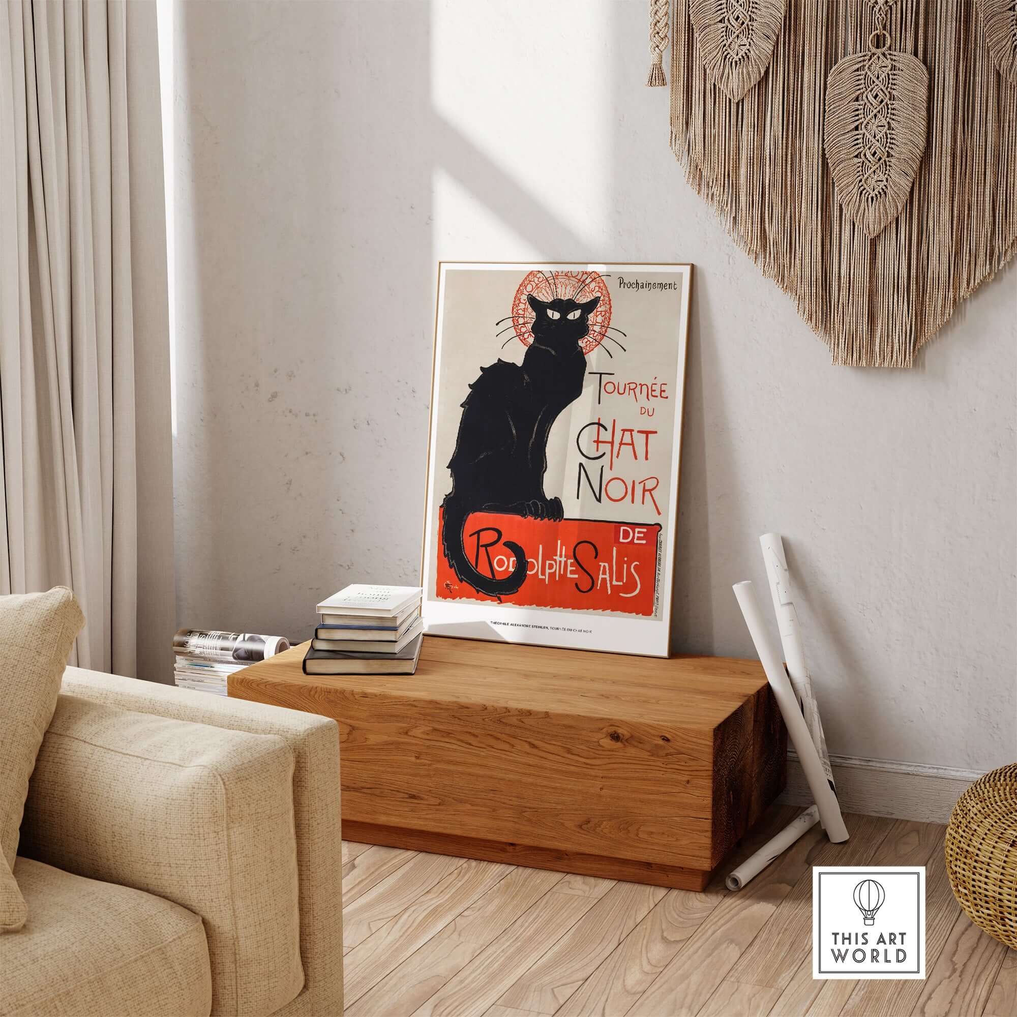 Exhibition Art Print Steinlen Tournée du Chat Noir Vintage French Black Cat Poster displayed in a stylish interior setting.