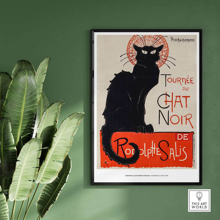 Vintage Steinlen 'Tournée du Chat Noir' poster featuring a black cat, set against a green wall.