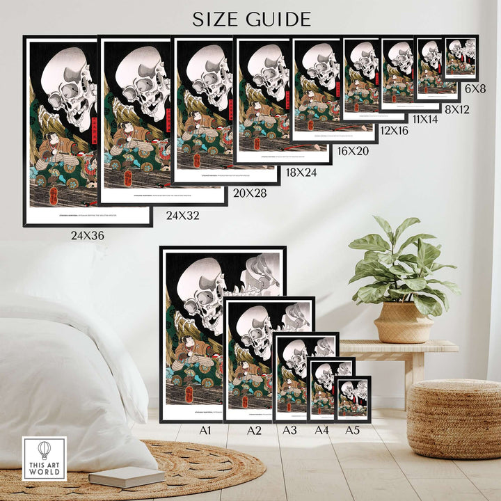 Size guide for Utagawa Kuniyoshi Skeleton Spectre Ukiyo-e art prints displayed in a stylish living room setting.