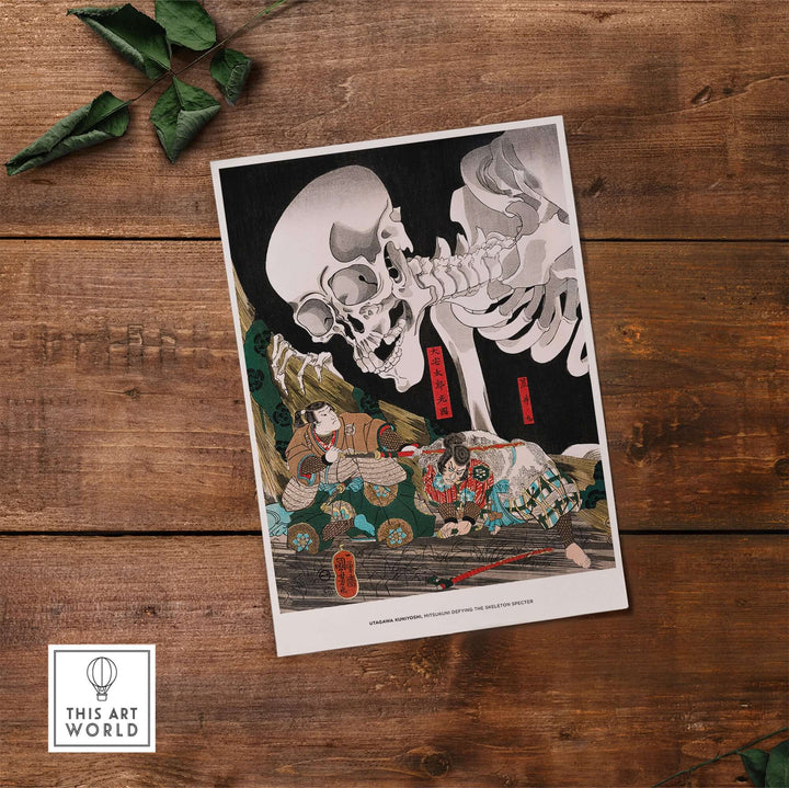 Utagawa Kuniyoshi Skeleton Spectre Ukiyo-e art print depicting dramatic folklore scene with warriors and a giant skeleton.