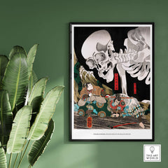 Exhibition Art Print Utagawa Kuniyoshi Skeleton Spectre Japanese Ukiyo-e Poster Wall Art framed on a green wall.