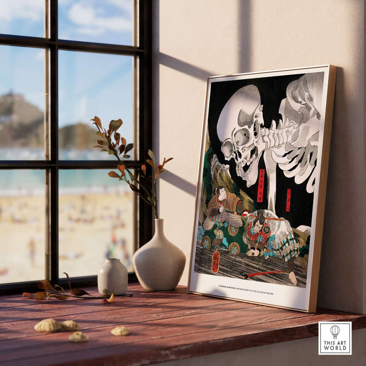Utagawa Kuniyoshi Skeleton Spectre exhibition art print in a stylish interior setting with coastal view