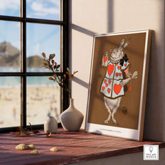 Exhibition Art Print William Henderson White Rabbit Alice in Wonderland Vintage Poster displayed by a window with beach view.