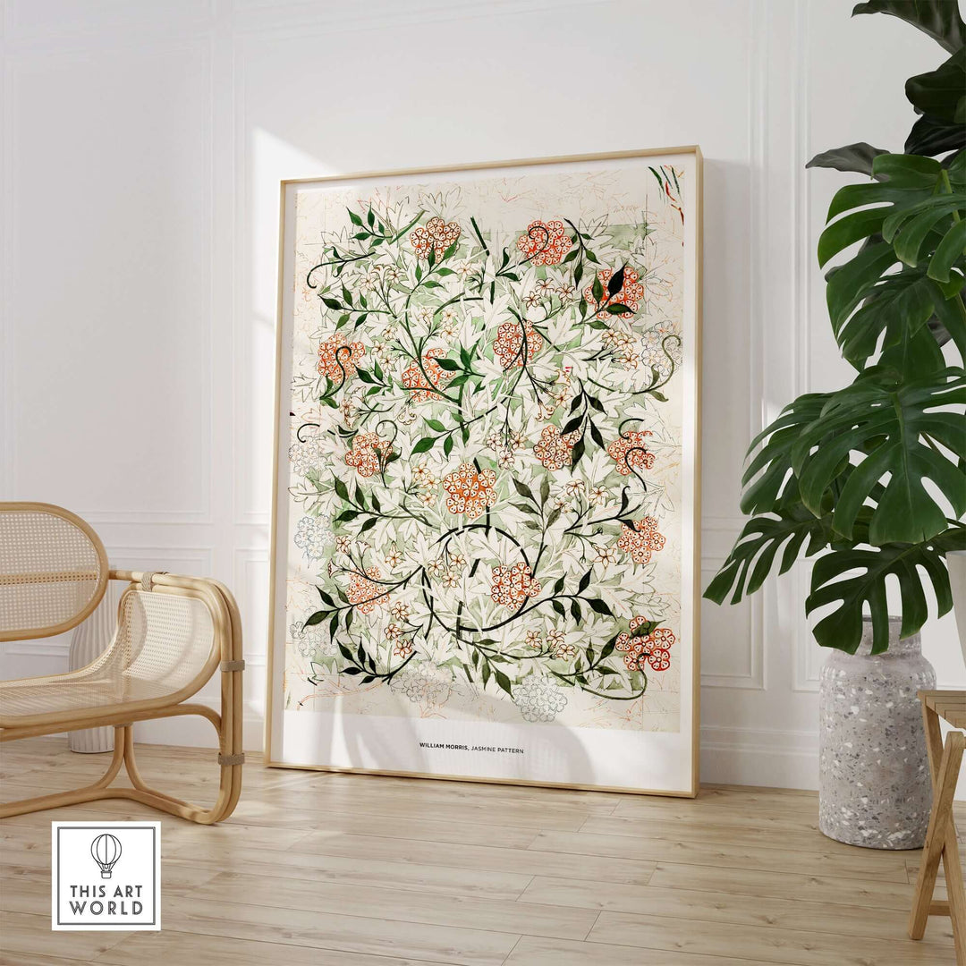 William Morris Jasmine Pattern floral art print displayed in a modern interior setting with green plants.