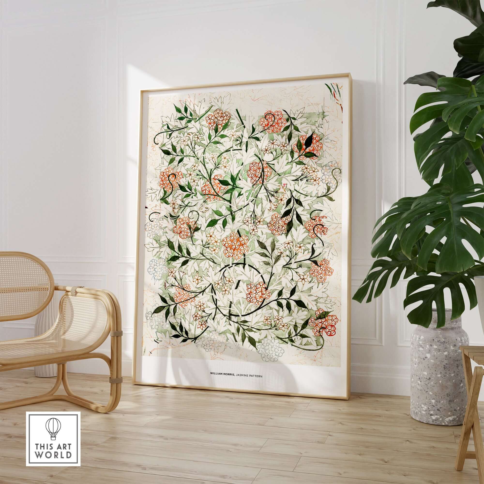 Exhibition Art Print William Morris Jasmine Pattern Floral Botanical Wall Art displayed in a modern living room.