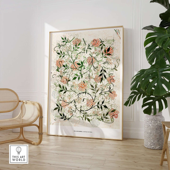 William Morris Jasmine Pattern floral art print displayed in a modern interior setting with green plants.