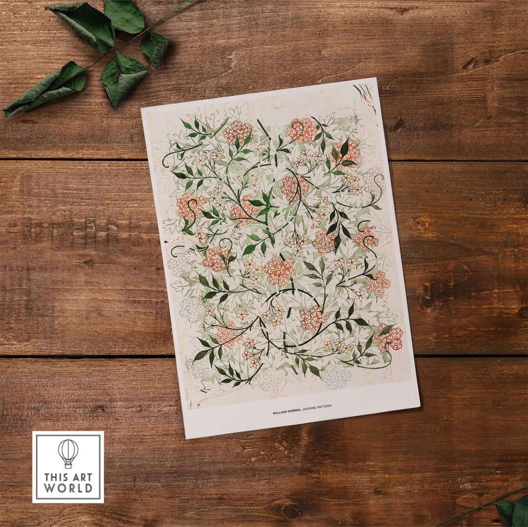 William Morris Jasmine Pattern Exhibition Art Print featuring floral design in warm colors on woodsurface.