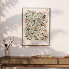 Exhibition Art Print William Morris Jasmine Pattern Floral Botanical Wall Art displayed on a wall above a wooden console.