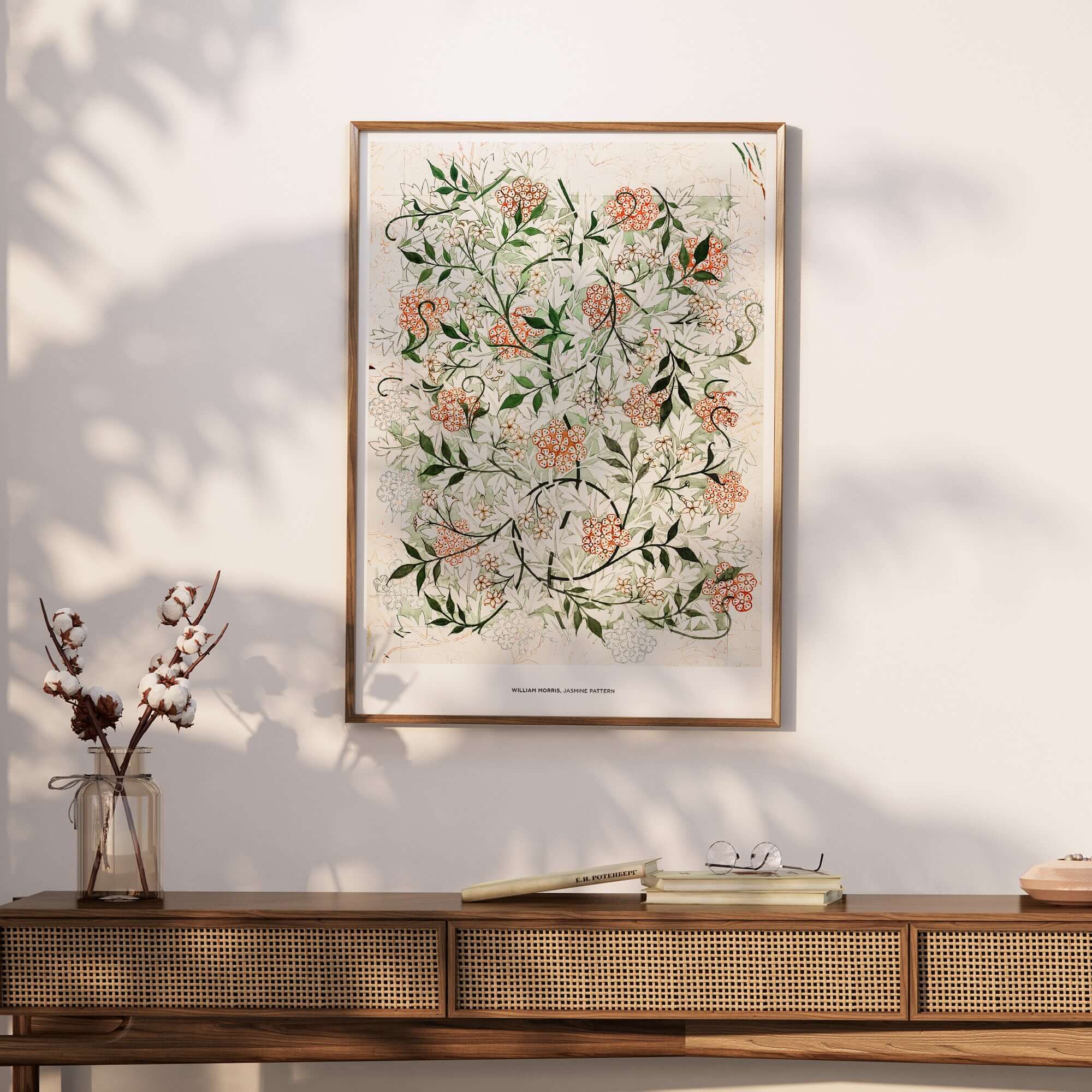 Exhibition Art Print William Morris Jasmine Pattern Floral Botanical Wall Art displayed on a wall above a wooden console.